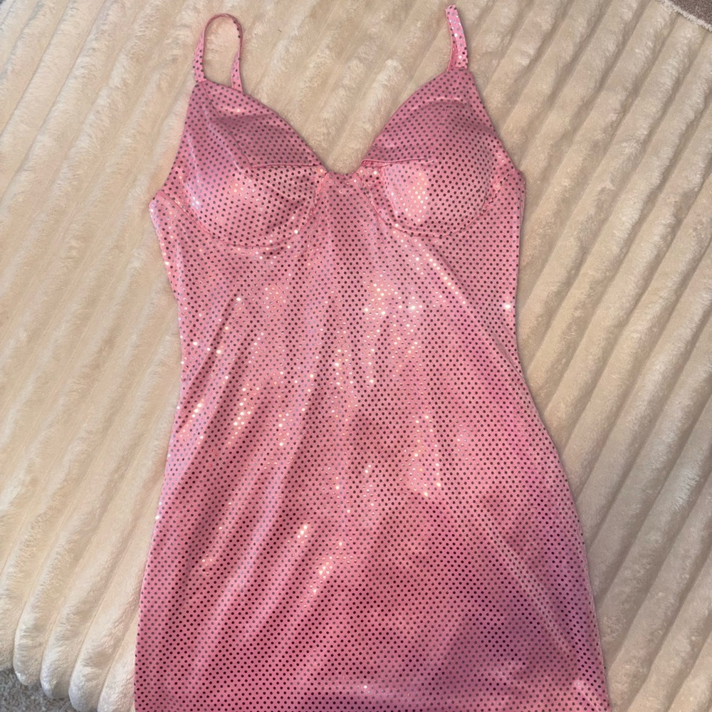 Pink Rhinestone Spaghetti Mini Dress - Picture 3 of 5